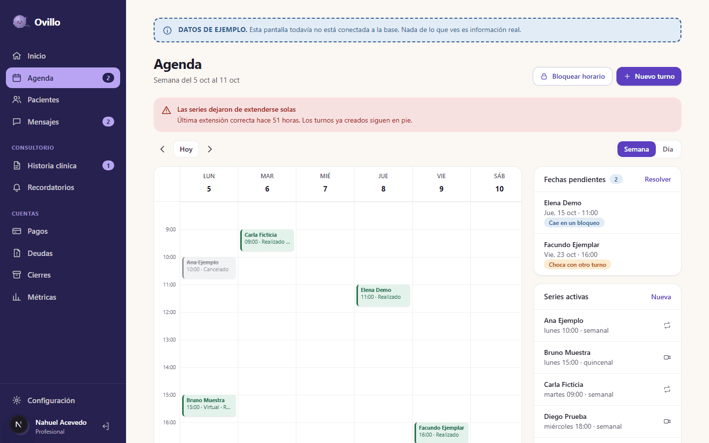 Agenda semanal con turnos, series y bloqueos