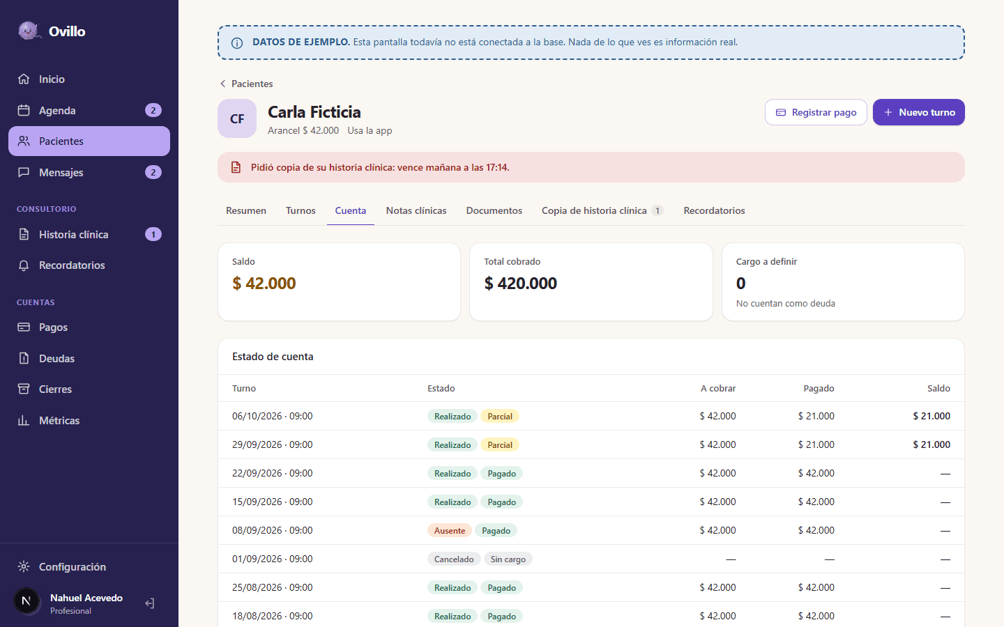 Ficha de un paciente con su estado de cuenta