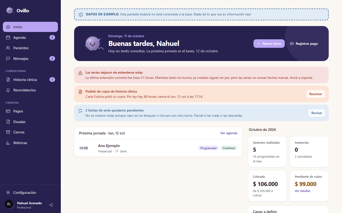 Panel de OviApp: inicio con el resumen del día y del mes